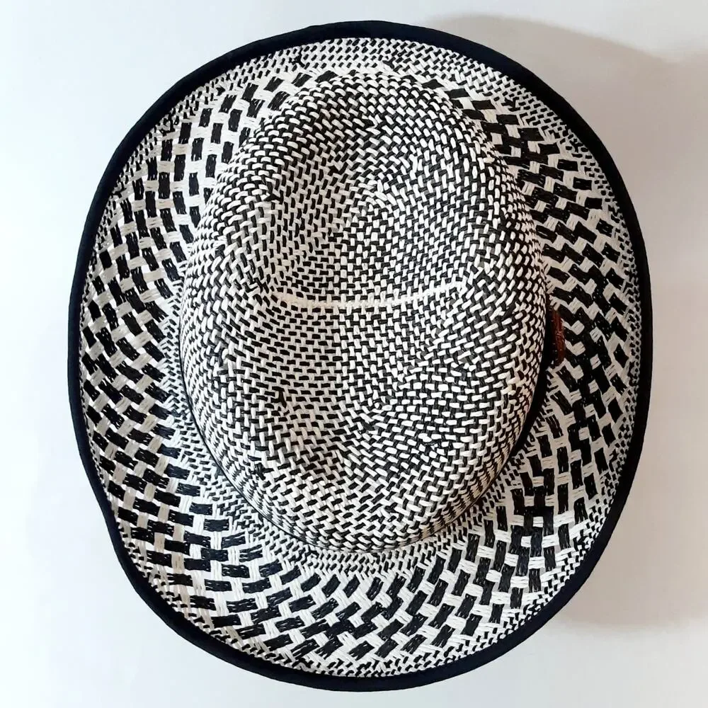 Men’s Black White Geometric Pattern Straw Panama Hat Made In USA Size Large
